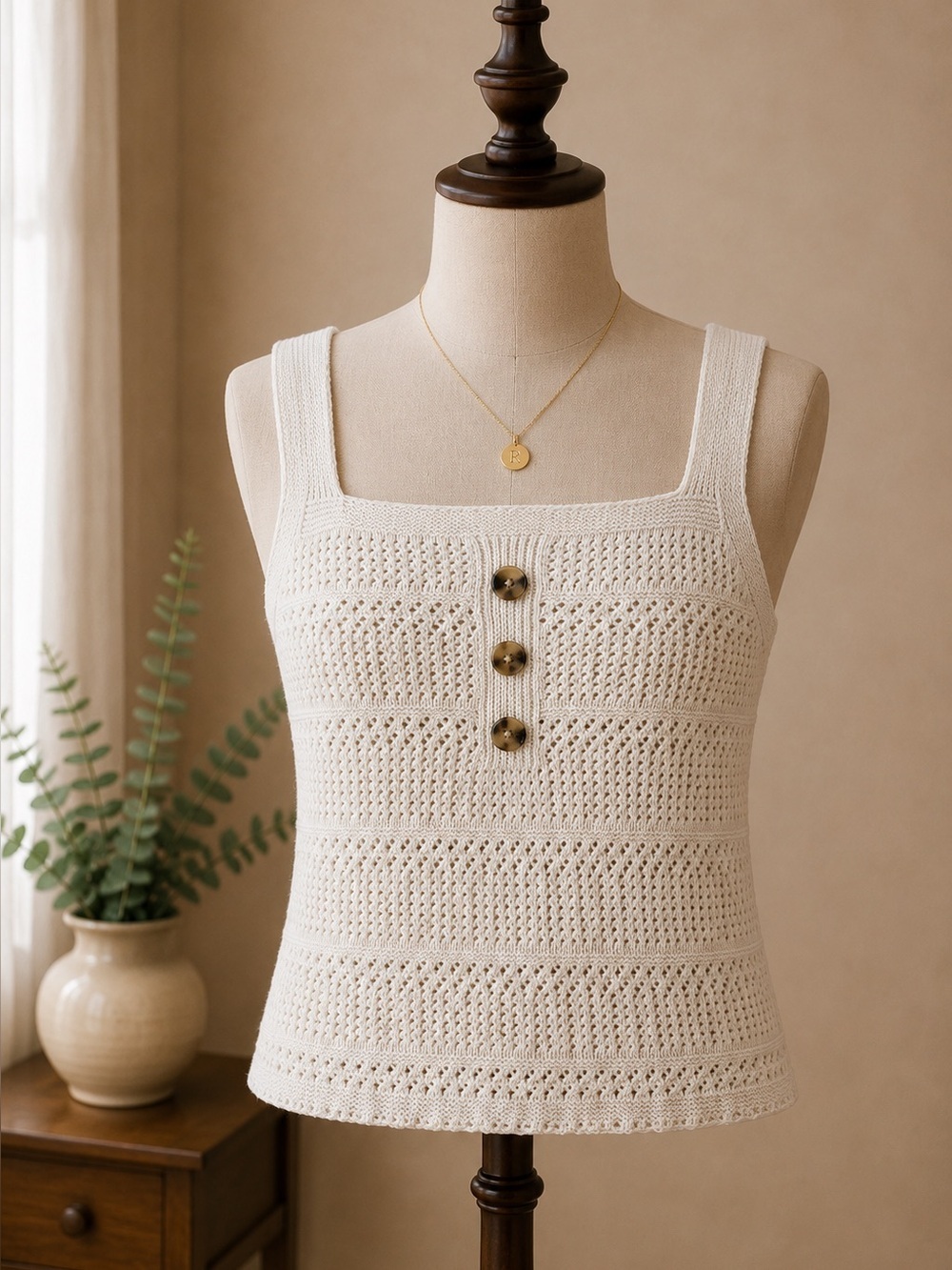 Dex Cream Crochet Knit Tank Top Square Neck Cotton Blend Coastal Grandmother M